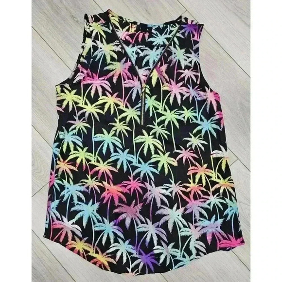 Tacera Colorful Palm Tree Print Tank Sz Small Zipper Detail V-neck Lightweight‎ - Picture 1 of 8